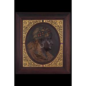 émile Guillemin (1841-1907), "profile Of An Oriental Woman In Bronze With Patina And Enamels"