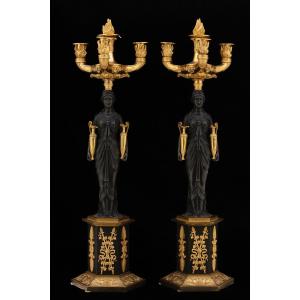 Pair Of Empire Candelabra In Burnished And Mercury-gilt Bronze, First Half Of The 19th Century.