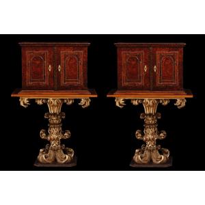 Pair Of Antique Sycamore Burl Veneered Coin Cabinets, Early 18th Century