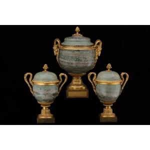 Triptych Of Vases In Swedish Green Marble And Gilded Bronze, France, Mid-19th Century