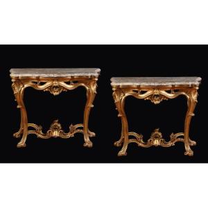Pair Of Neapolitan Louis XV Side Tables In Carved And Gilded Wood