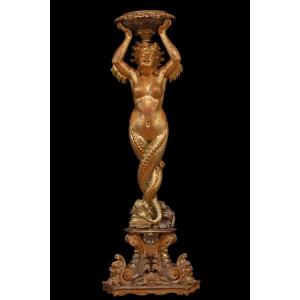 Large Carved And Gilded Wooden Sculpture Depicting A Mermaid Holding A Vase