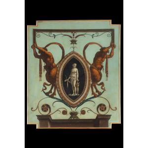 Four Panels Decorated With Grotesques, Piedmontese Manufacture, Italy, 17th Century
