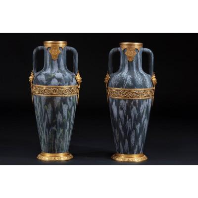 Pair Of Porcelain Vases In Tones Of Heather Gray And Gilt Bronze Decorations