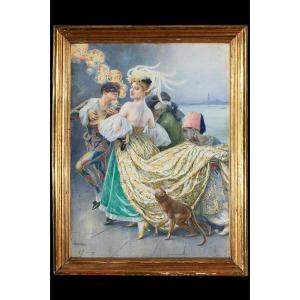Paire d'Aquarelles Orientalistes De Cesare Saccaggi