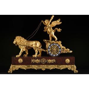 Chariot Clock Pulled By A Lion Signed Leroy In Paris