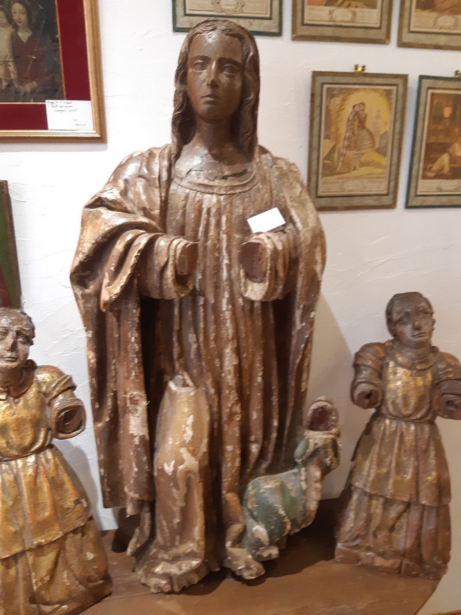 Statue De Sainte Margueritte  Bois Polychrome 18eme Siècle