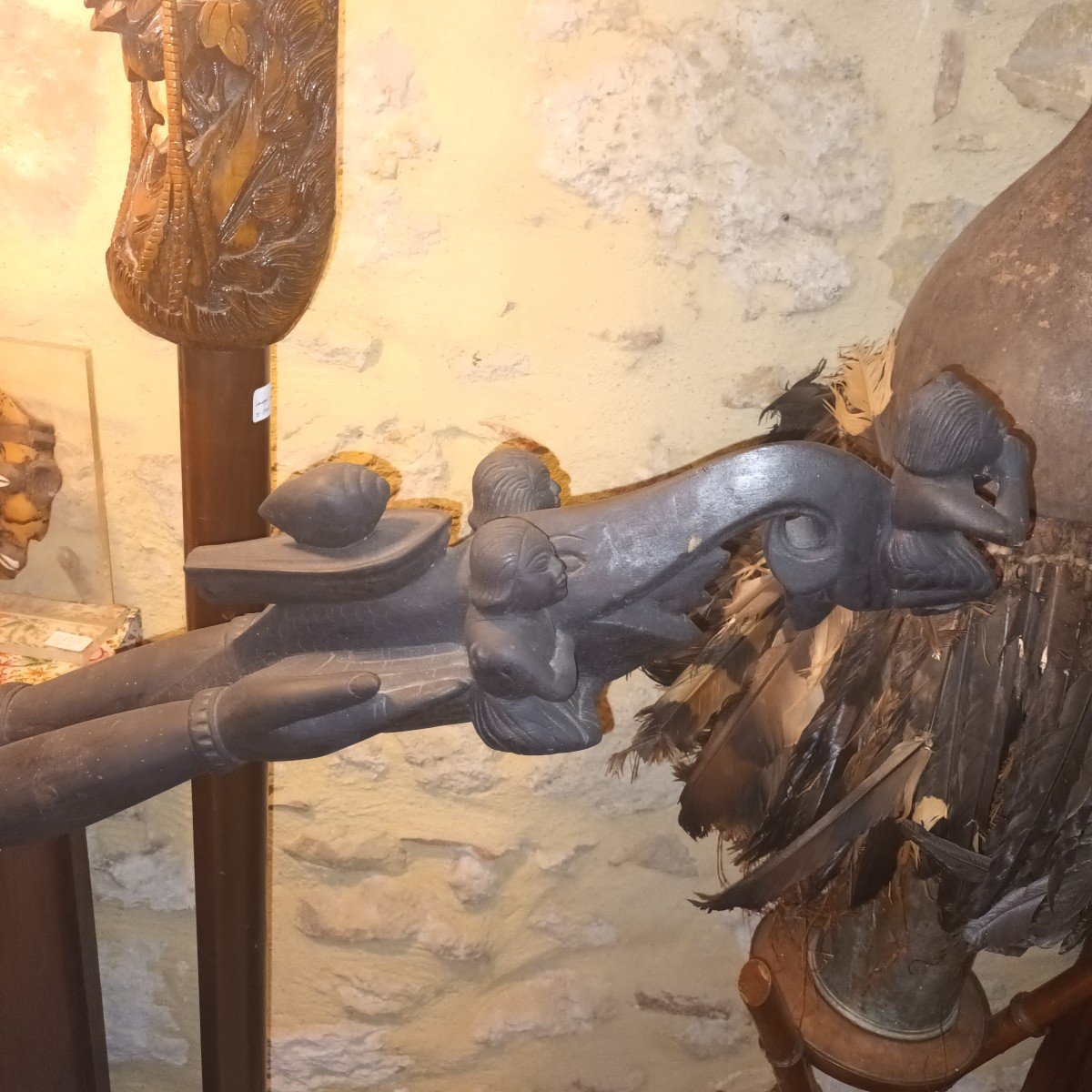 Very Large Boat In Blackened Wood Of Hindu Altar-photo-2