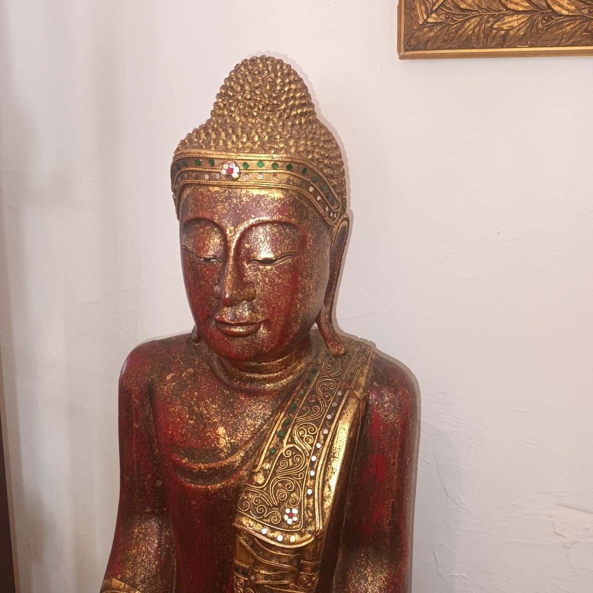 Grand Bouddha  Birman En Bois Et Incrustation De Miroirs-photo-3