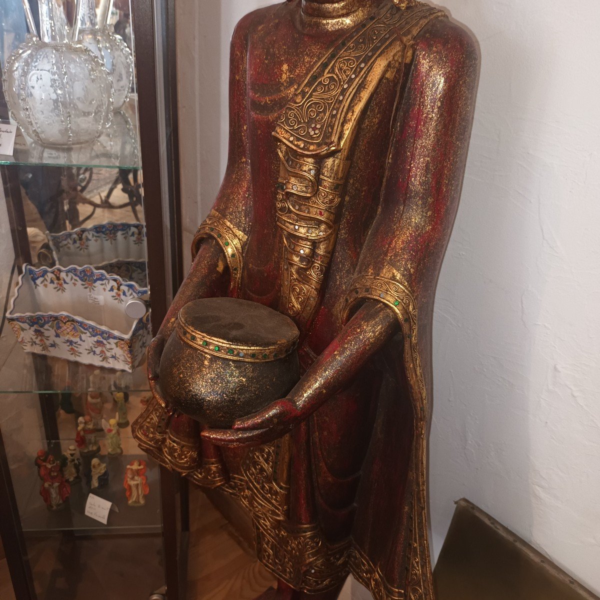 Grand Bouddha  Birman En Bois Et Incrustation De Miroirs-photo-4