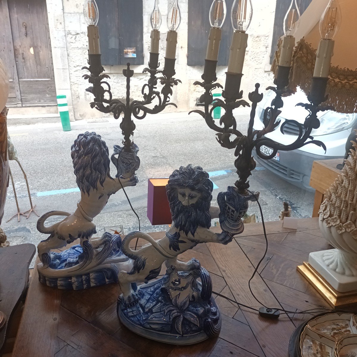 Saint Clément Pair Of Candlesticks In The Shape Of Lions After Emile Gallé