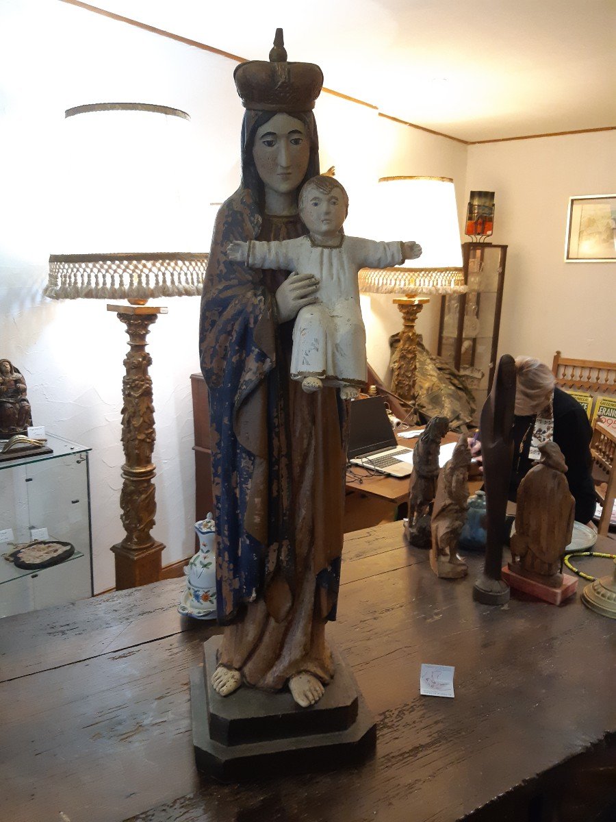 Grande Vierge à l'Enfant En Bois Polychrome Fin 18eme Début 19eme Siecle