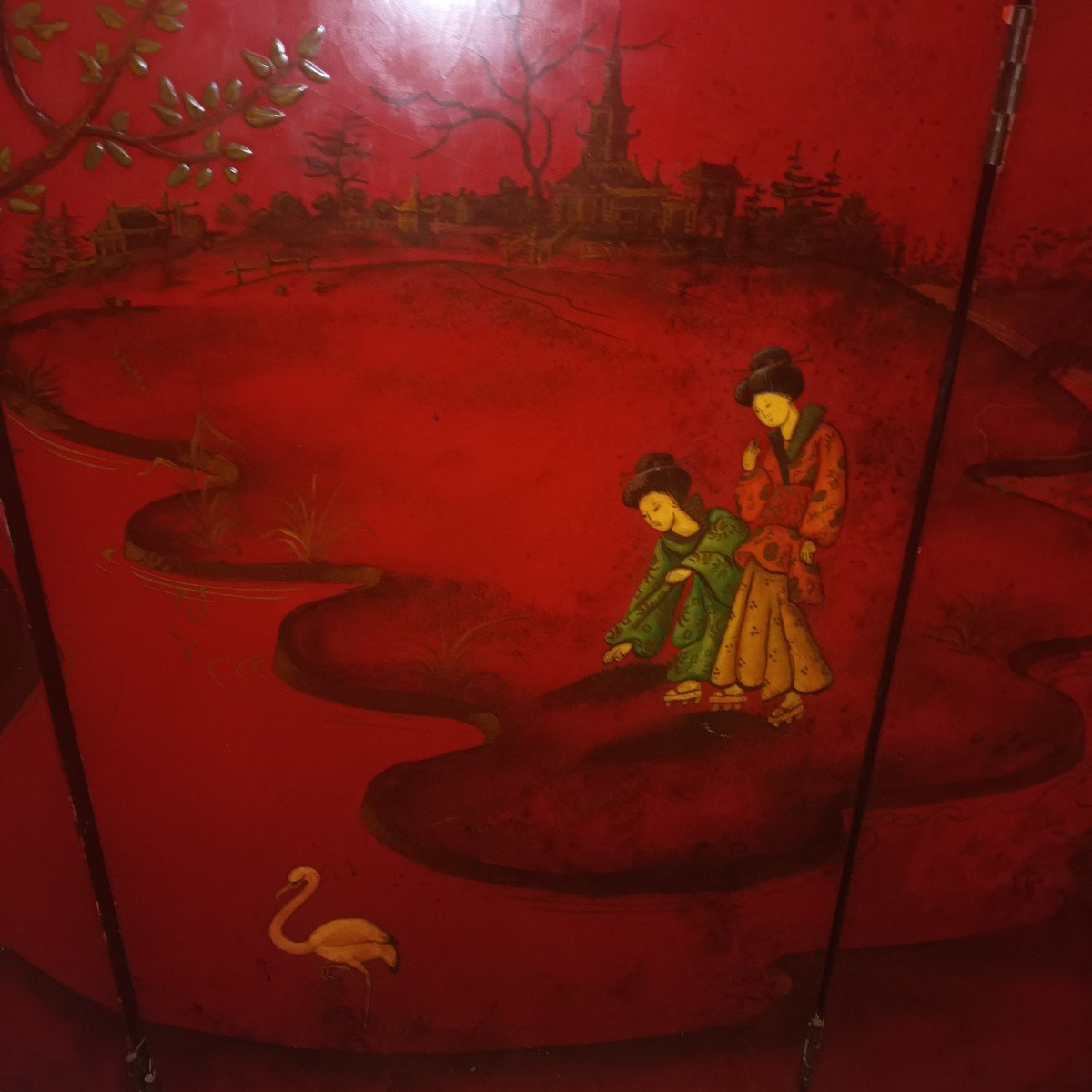 Chinese Screen With 3 Leaves In Red Lacquer-photo-2