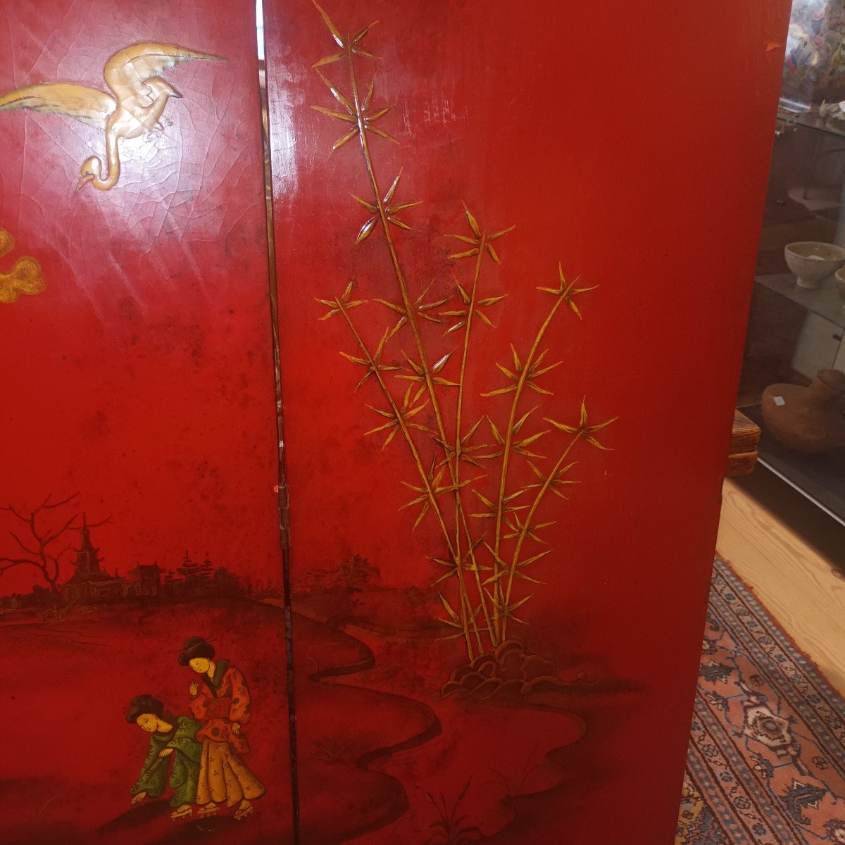 Chinese Screen With 3 Leaves In Red Lacquer-photo-4