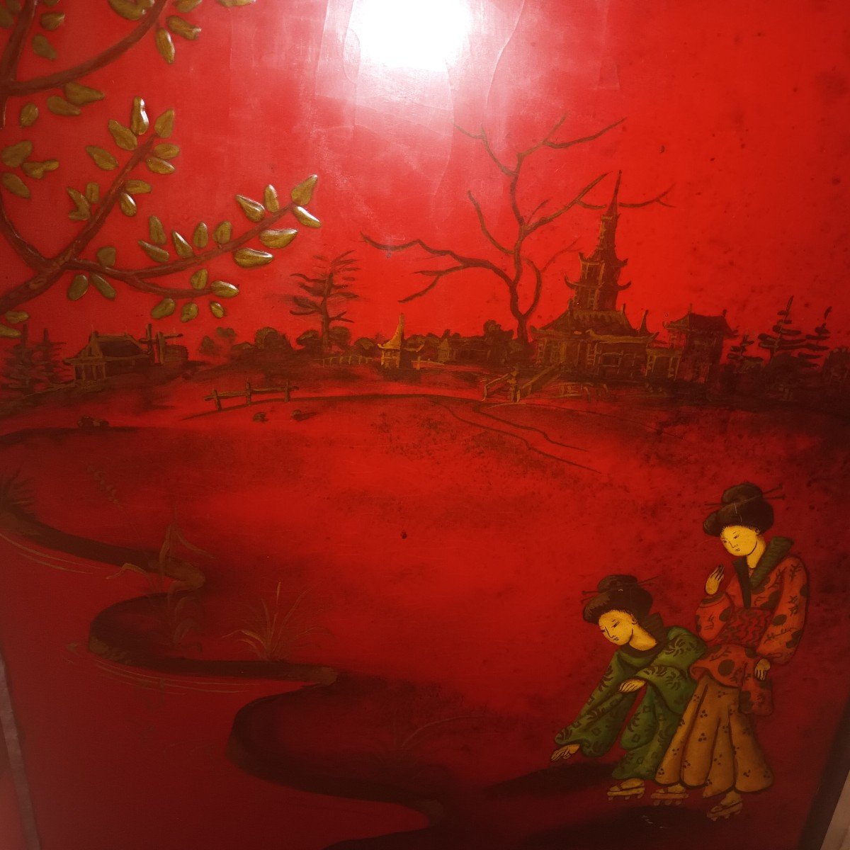 Chinese Screen With 3 Leaves In Red Lacquer-photo-6