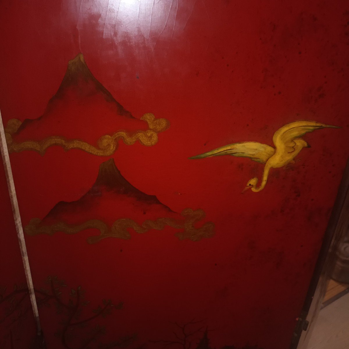 Chinese Screen With 3 Leaves In Red Lacquer-photo-7