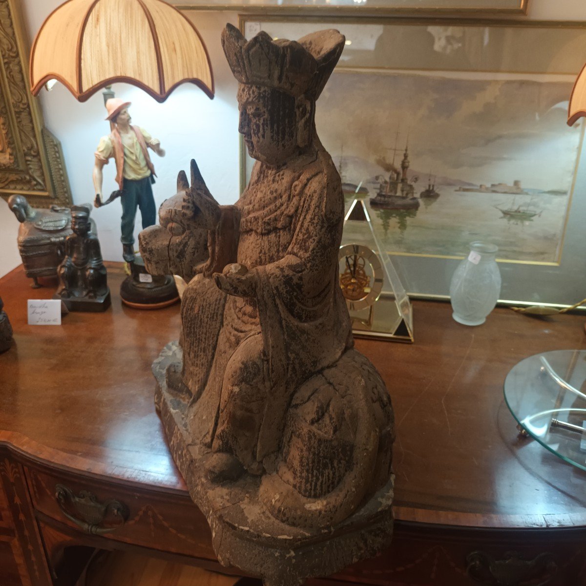 Chine Sculpture En Bois , Fin 19eme Siècle Représentant Un Dignitaire Assis Sur Un Chien-photo-4