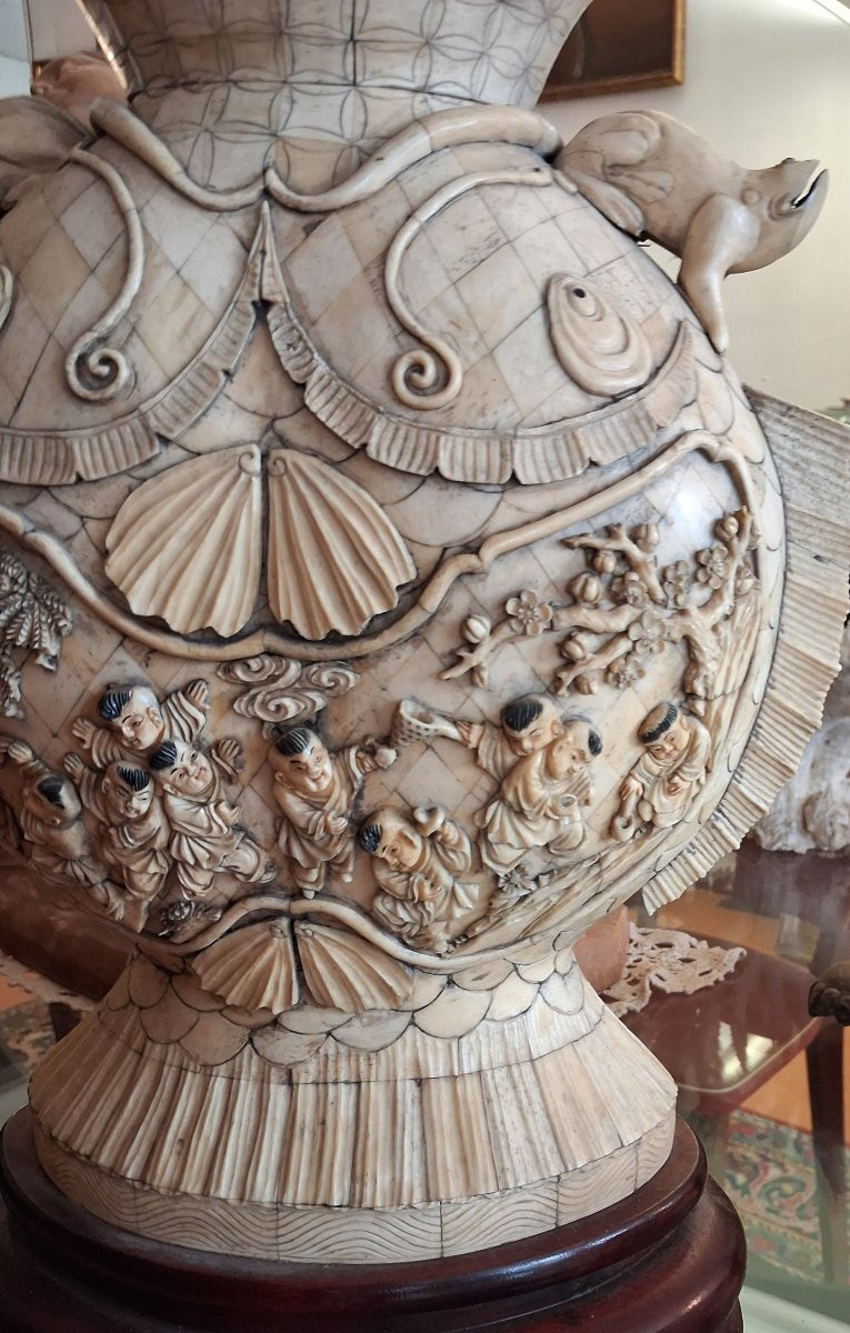 chine, grande paire de vases de mariage en os début XXème siecle-photo-3