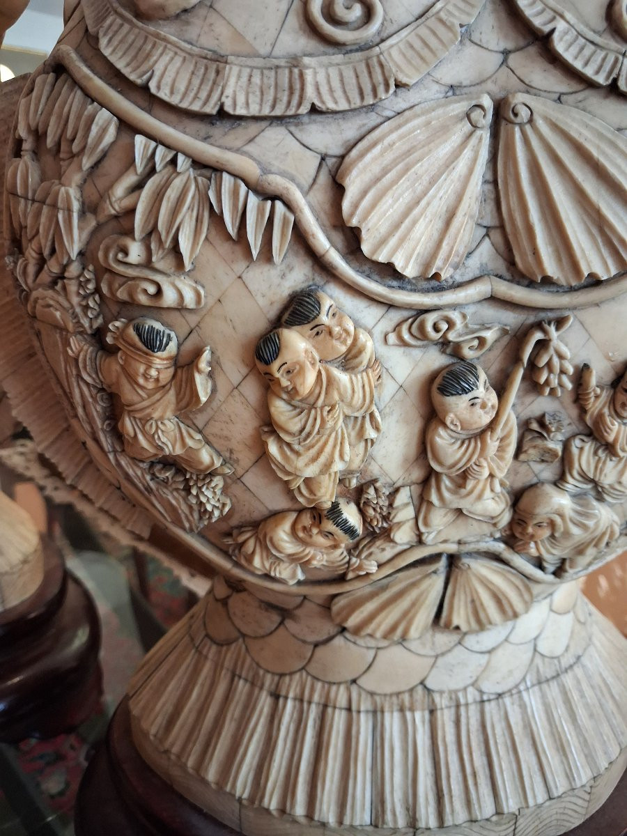 chine, grande paire de vases de mariage en os début XXème siecle-photo-4