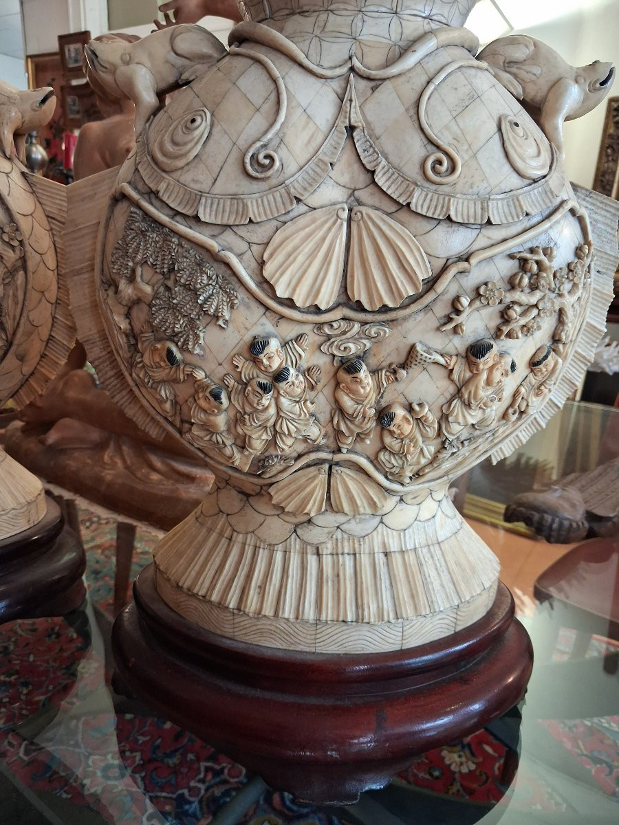 chine, grande paire de vases de mariage en os début XXème siecle-photo-2