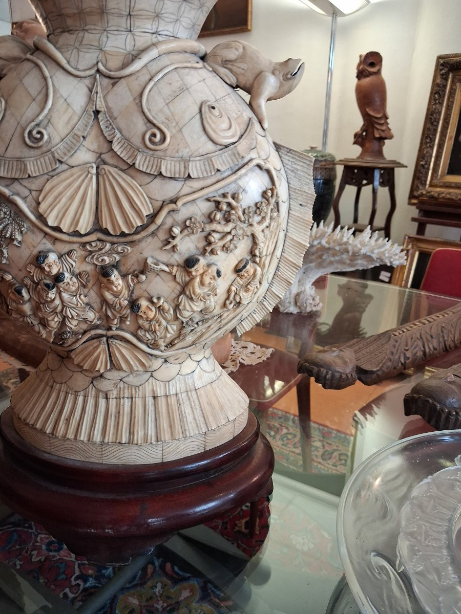 chine, grande paire de vases de mariage en os début XXème siecle-photo-3