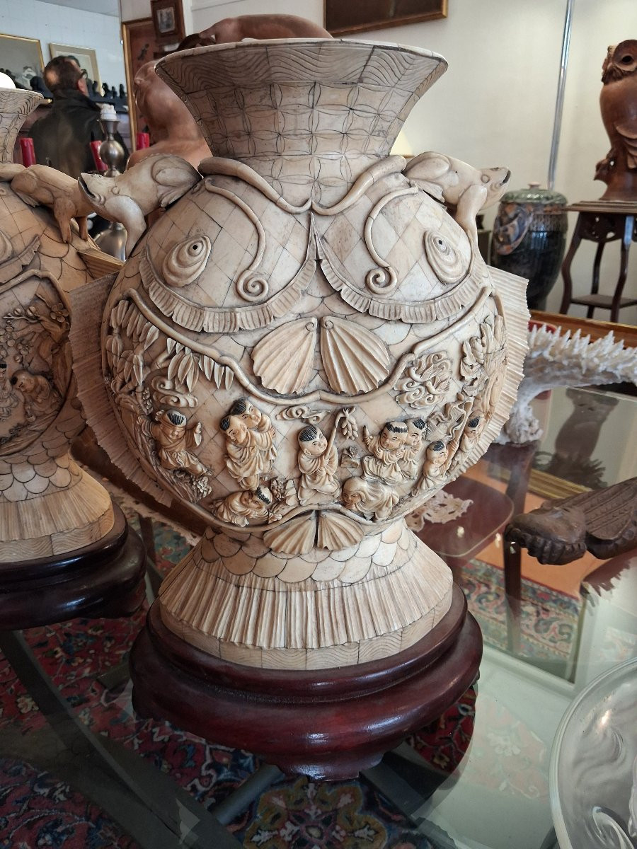 chine, grande paire de vases de mariage en os début XXème siecle-photo-6