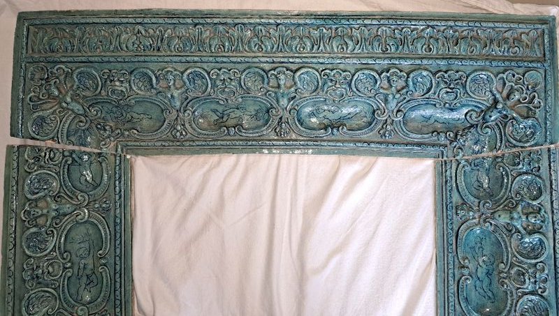 Blue Ceramic Fireplace Mantel Or Mirror Surround; 19th Century-photo-4