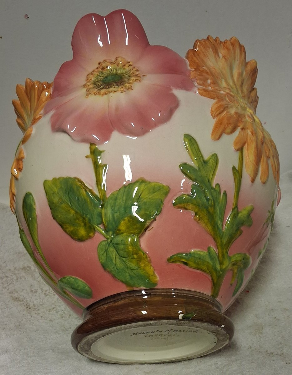 Delphin MASSIER (1836-1907) Vallauris,  grand cache-pot aux fleurs-photo-3