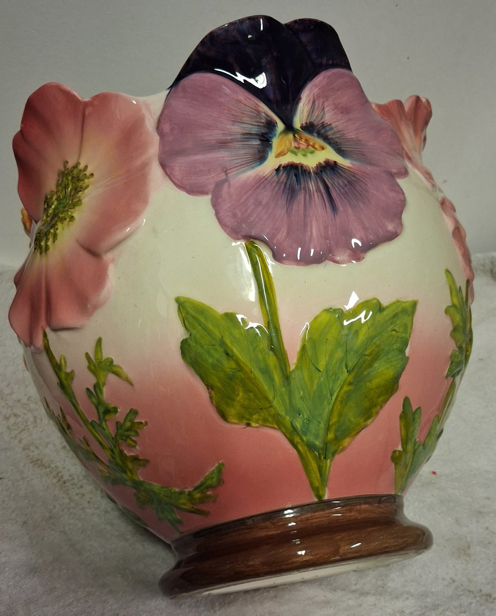 Delphin MASSIER (1836-1907) Vallauris, complet avec son pied,  grand cache-pot aux fleurs-photo-5