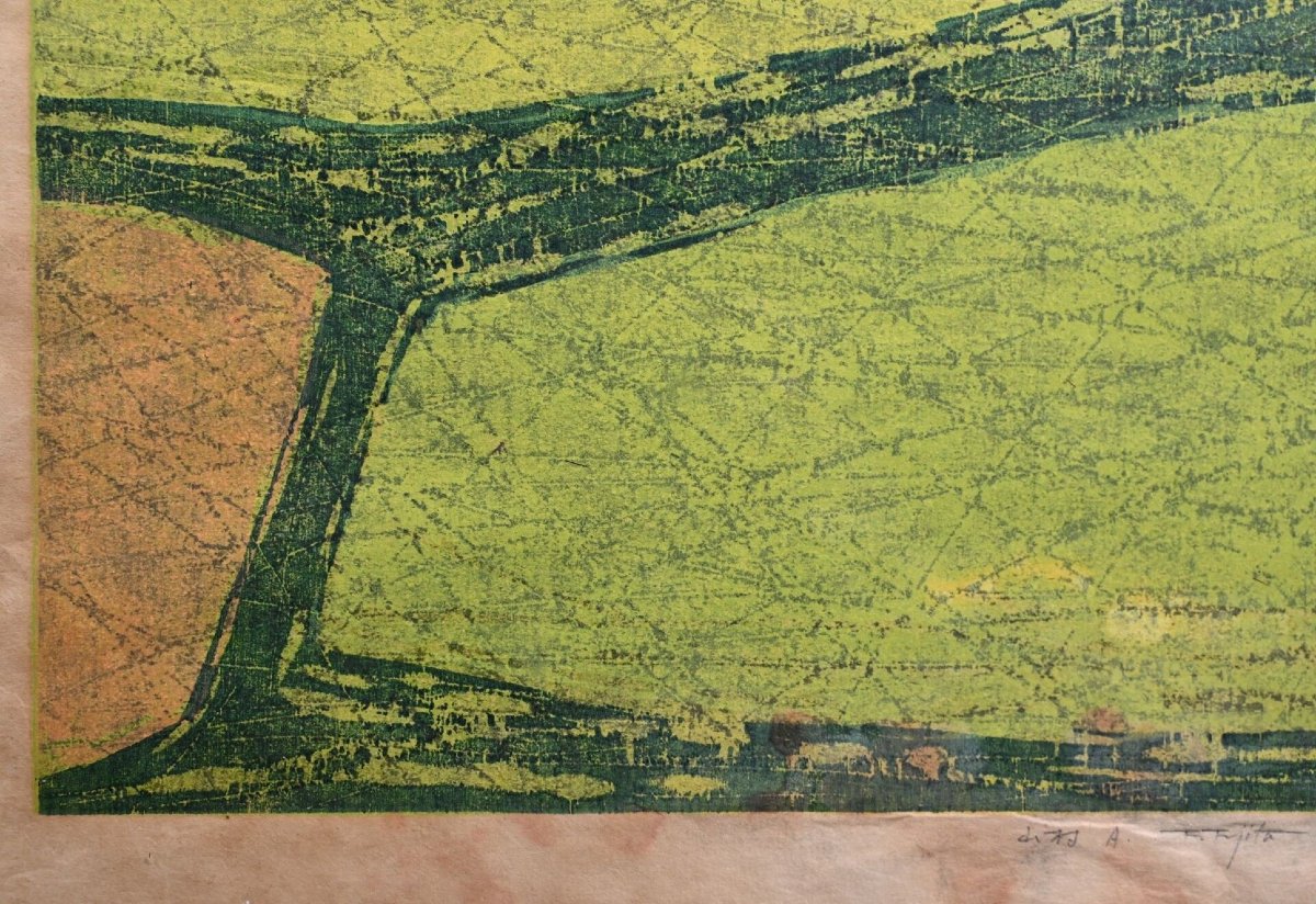 Fumino Foujita, Landscape With Rice Paddies, Signed And Numbered Lithograph -photo-2