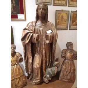 Statue De Sainte Margueritte  Bois Polychrome 18eme Siècle