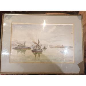 Militaria , Marine : Paire d'Aquarelles "cuirassés à Marseille Ou Toulon" 19eme Siecle 