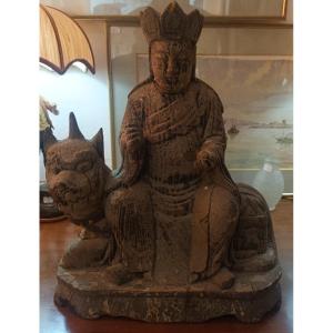 China Wooden Sculpture, Late 19th Century Representing A Dignitary Sitting On A Dog