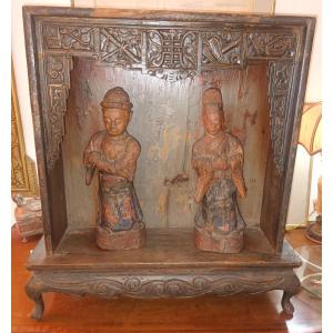 China Altar In Molded And Carved Wood Forming Niche Accommodating A Wooden Couple 