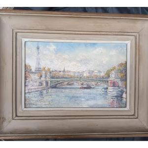 Mary Stewart Gibson Oil On Canvas "the Alexandre III Bridge And The Eiffel Tower, Paris"