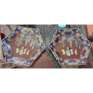 Fukagawa Seiji japon, Paire de très grands plats période Meiji (1868-1912)