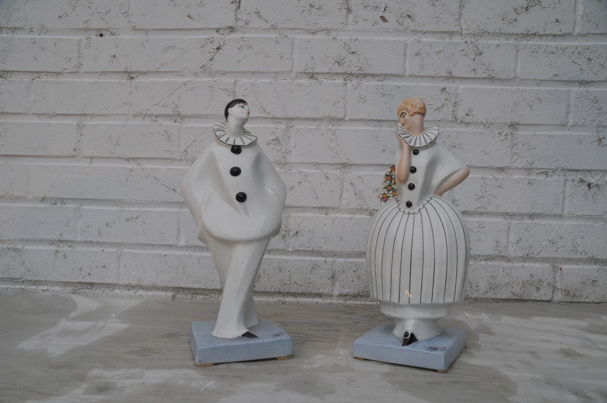 Pierrot And Colombine, Polychrome Earthenware From Dax