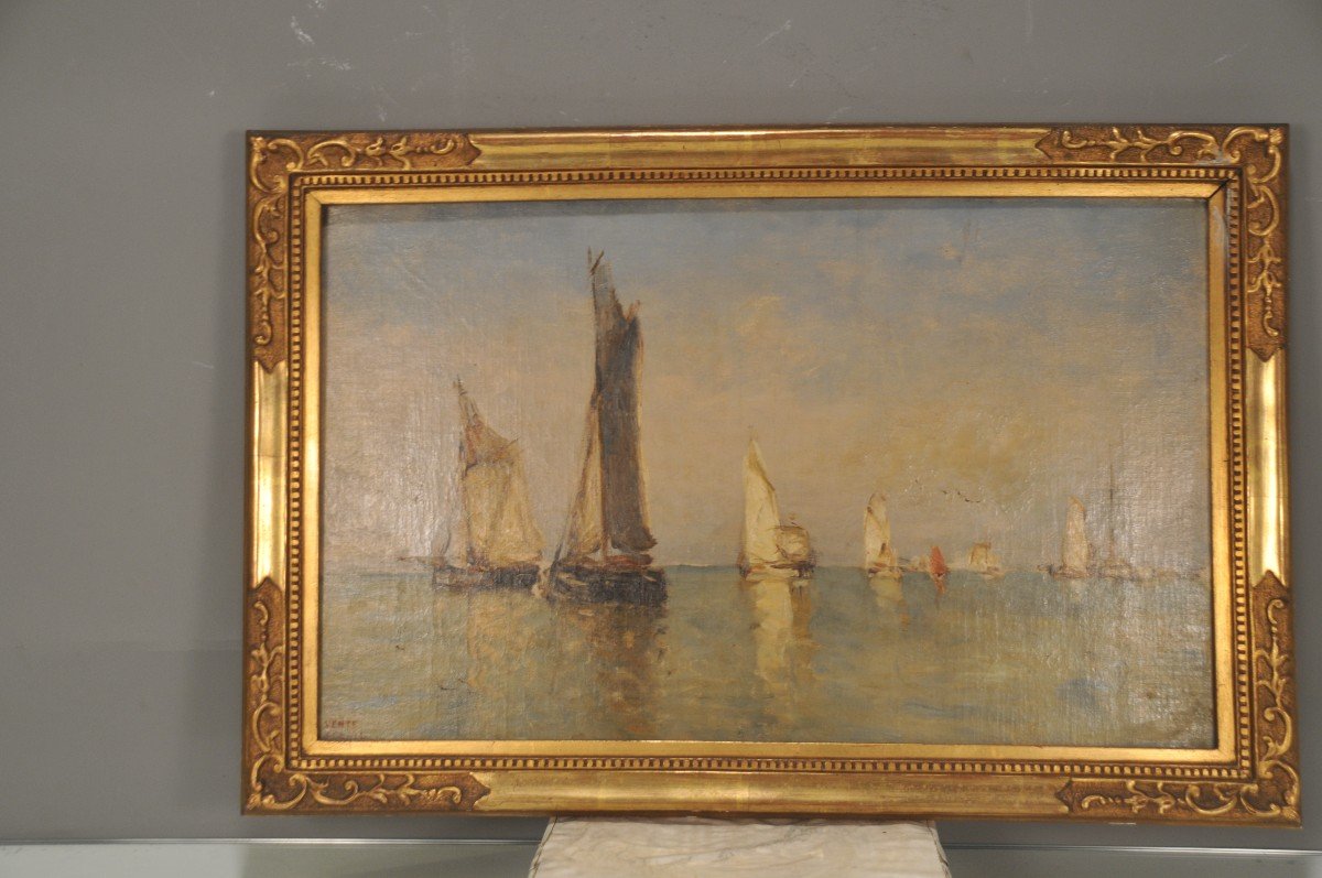 P.j. Clays: Bateaux De Pêche Sur Une Mer Calme , école Belge.