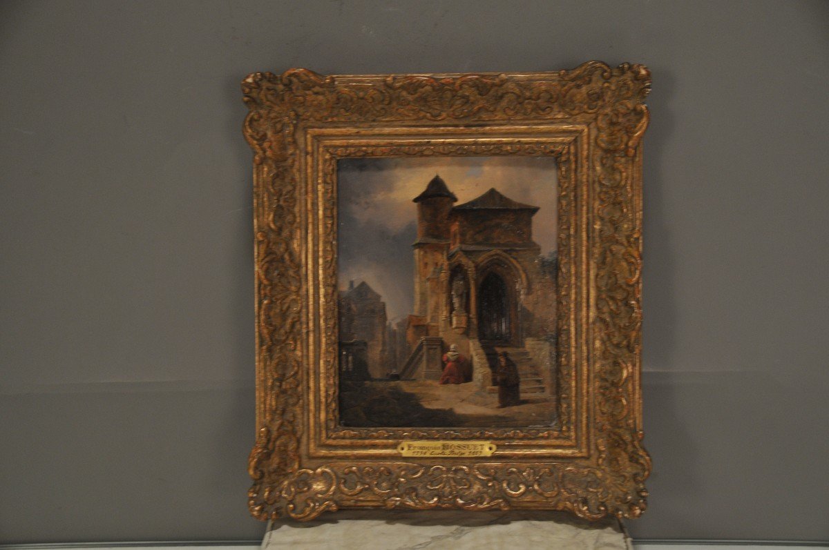 Coin De Ville Avec Femme En Prière Signé François Bossuet 