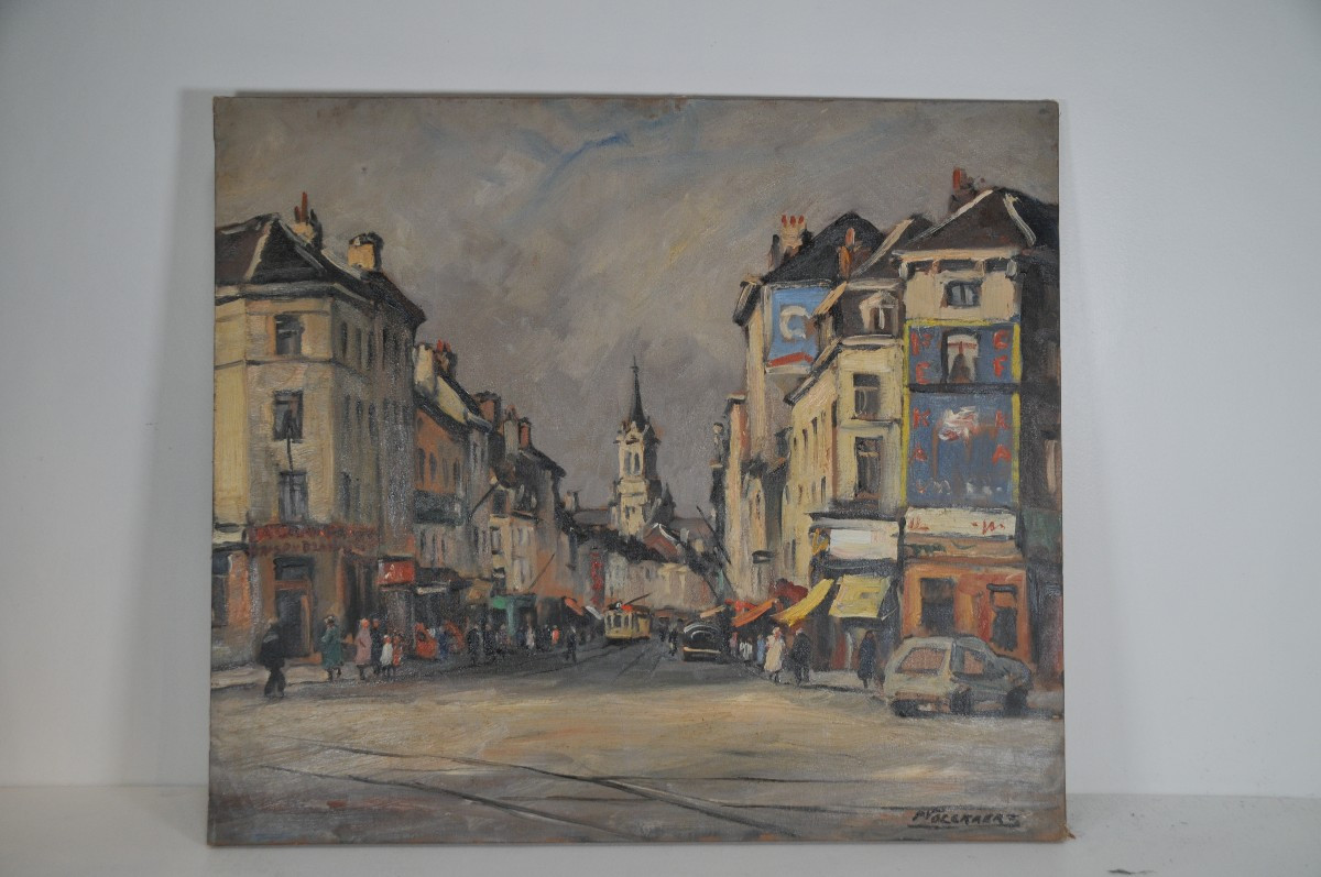 La Barrière de Saint Gilles". Signée P. Volckaert. Ecole belge. 