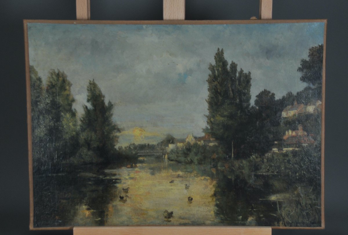 Henri Harpignies; Paysage au bord de l’Oise, daté 1894-photo-3