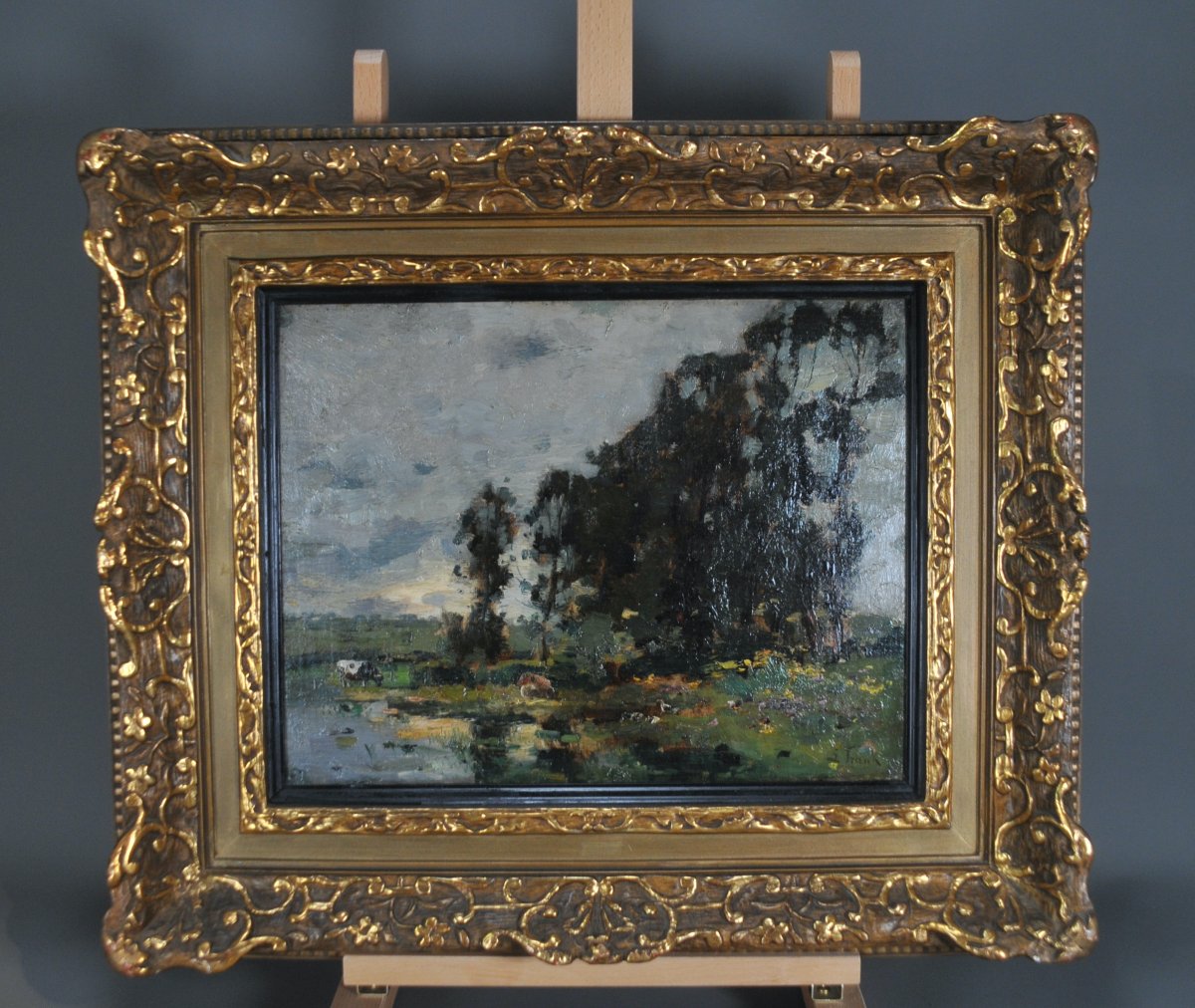 Lucien Frank (1857+1920) Paysage avec vaches au bord d’une rivière 