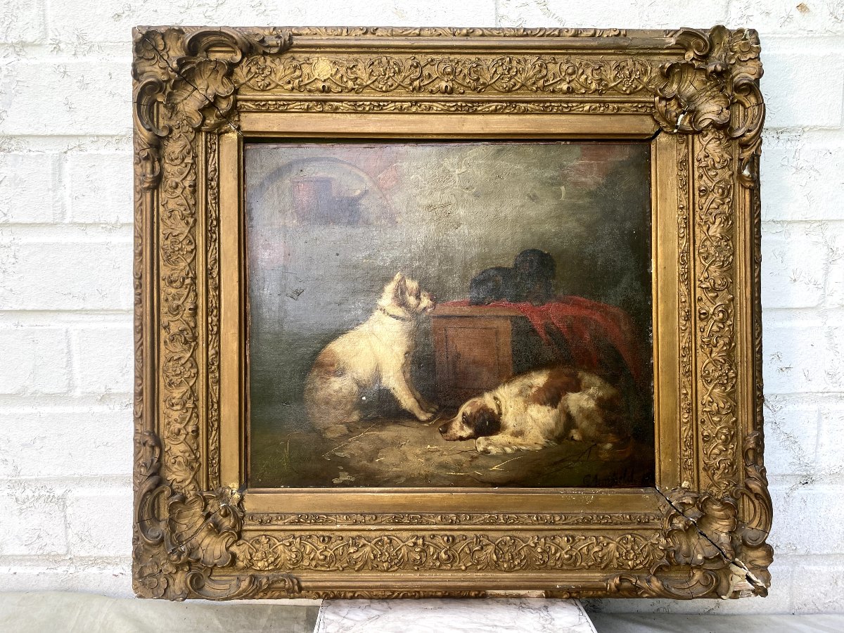 Trois chiens dans une écurie signé; George  Armfield,(1808 -Londres-1893) 