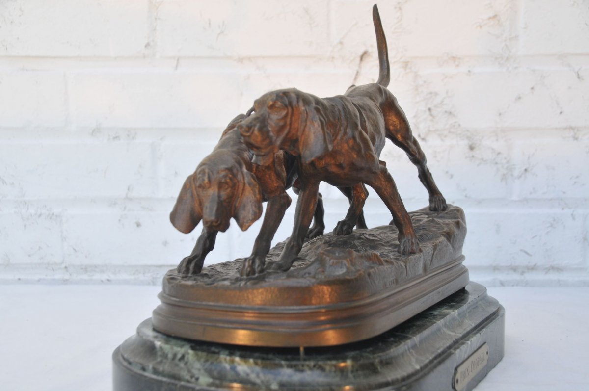 Dubucand Alfred 1828-1894 Two Hunting Dogs, Bronze On Marble Base-photo-2