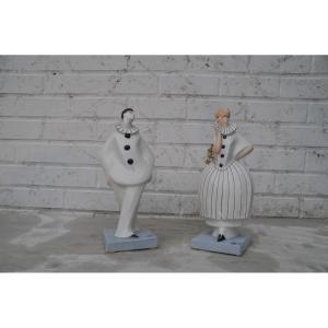 Pierrot And Colombine, Polychrome Earthenware From Dax