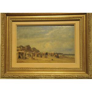 Elegant On The Beach Of Ostend Around 1875, Signed Victor Papeleu
