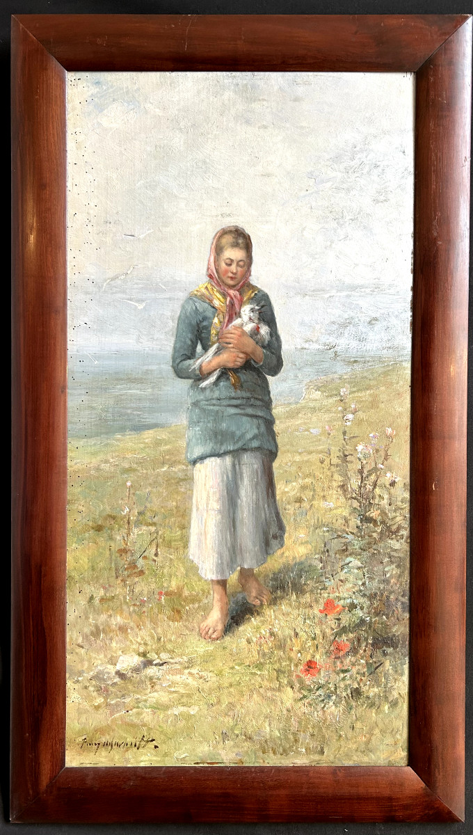 Oil On Panel "young Woman Holding A Bird In Her Arms" By Furcy De Lavault