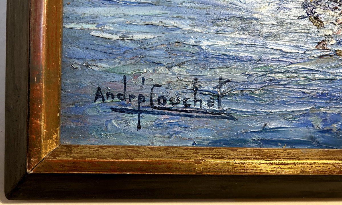 Huile Sur Panneau "rivage Méditérannéen" Signé André Couchet-photo-2