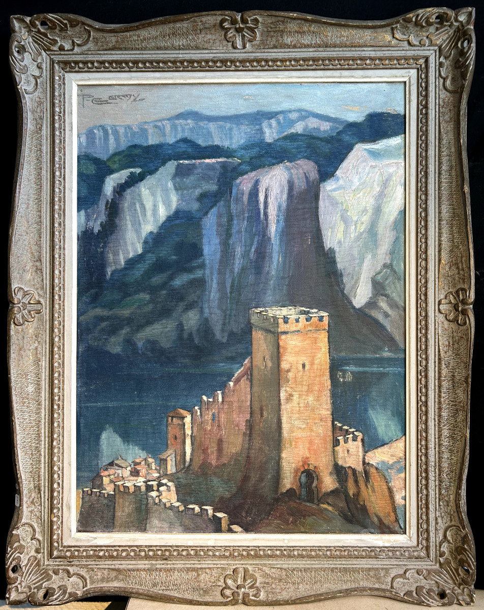 Huile Sur Panneau Représentant Une Ville Fortifiée Dans des Montagnes Signée P. Germy