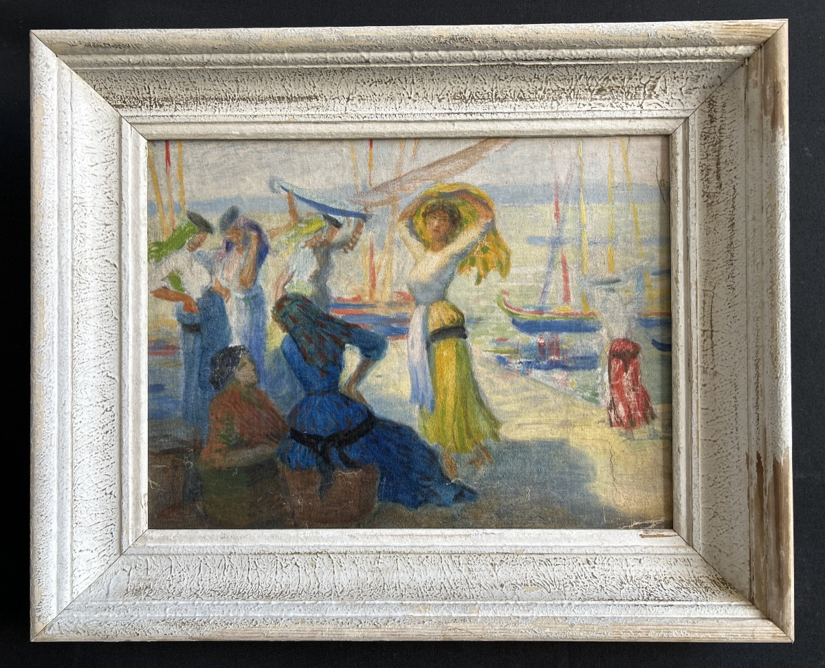 Huile Sur Toile "personnages Et Bateaux Dans Un Port Au Portugal" Succession Henri Laffite